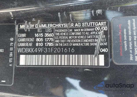 2001 Mercedes-Benz Slk 230 Kompressor z USA, uszkodzony, nr VIN WDBKK49F31F201616